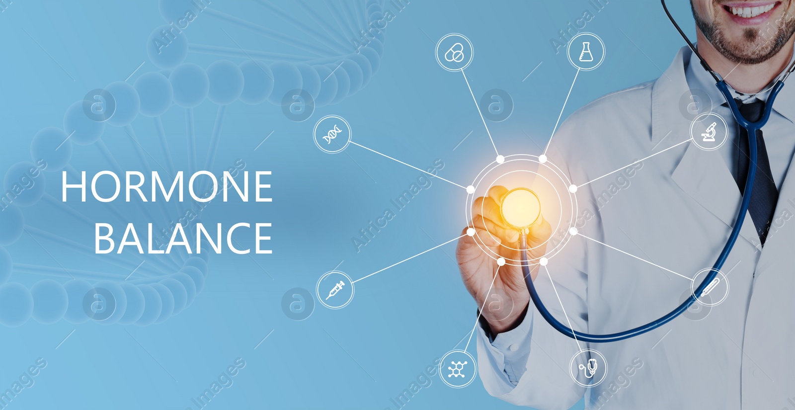 Image of Doctor holding stethoscope and virtual screen with inscription Hormone Balance and digital icons on light blue background, closeup