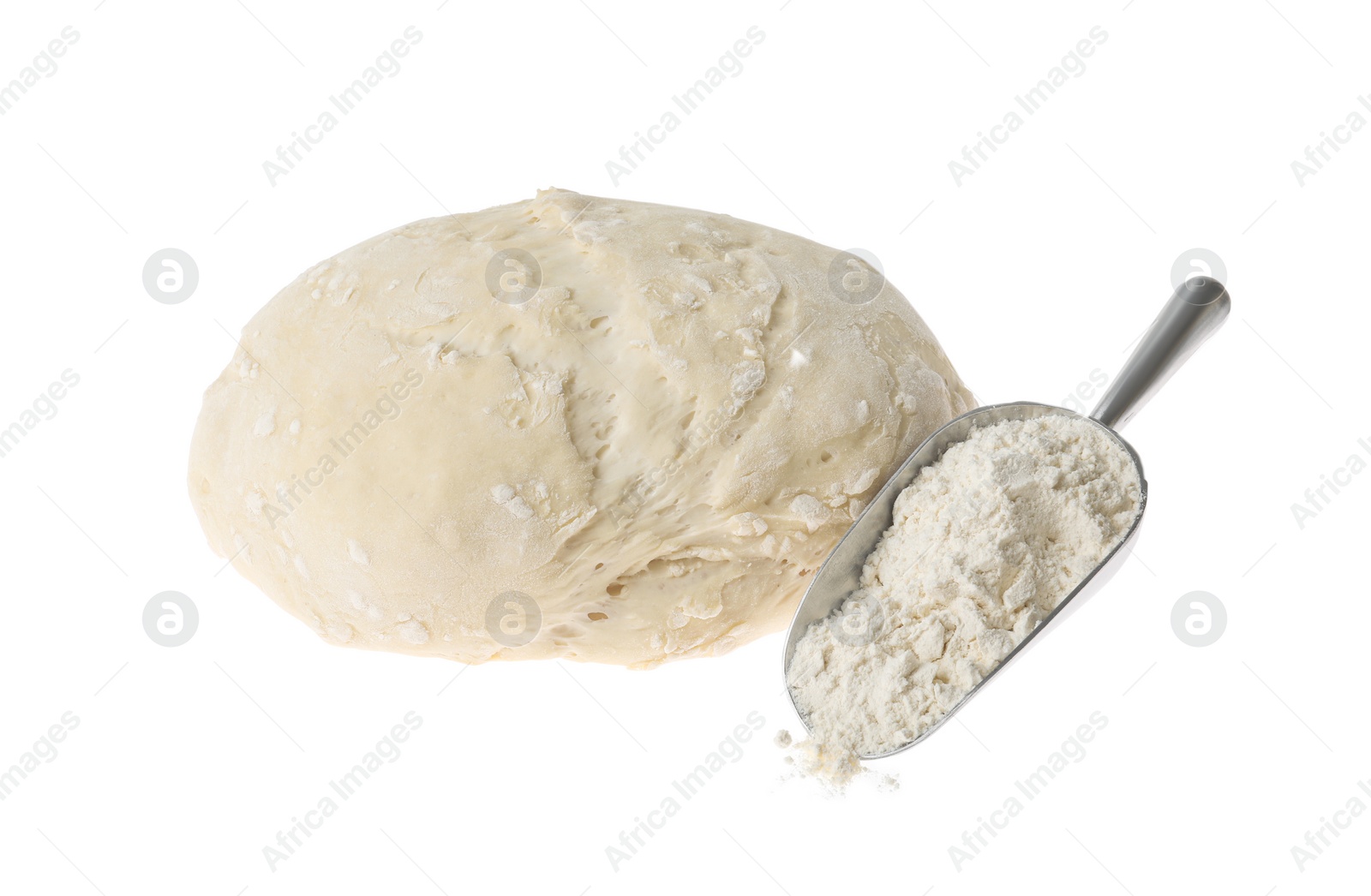 Photo of Raw dough for pastries and flour isolated on white