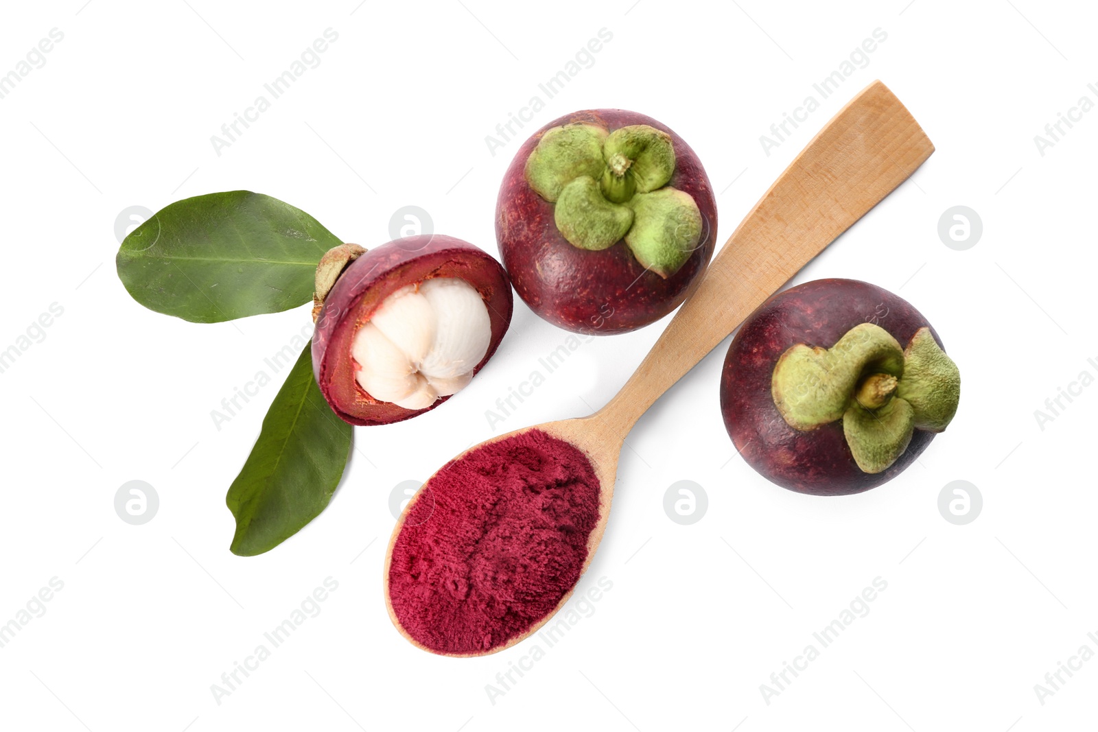Photo of Mangosteen powder and fruits on white background, top view