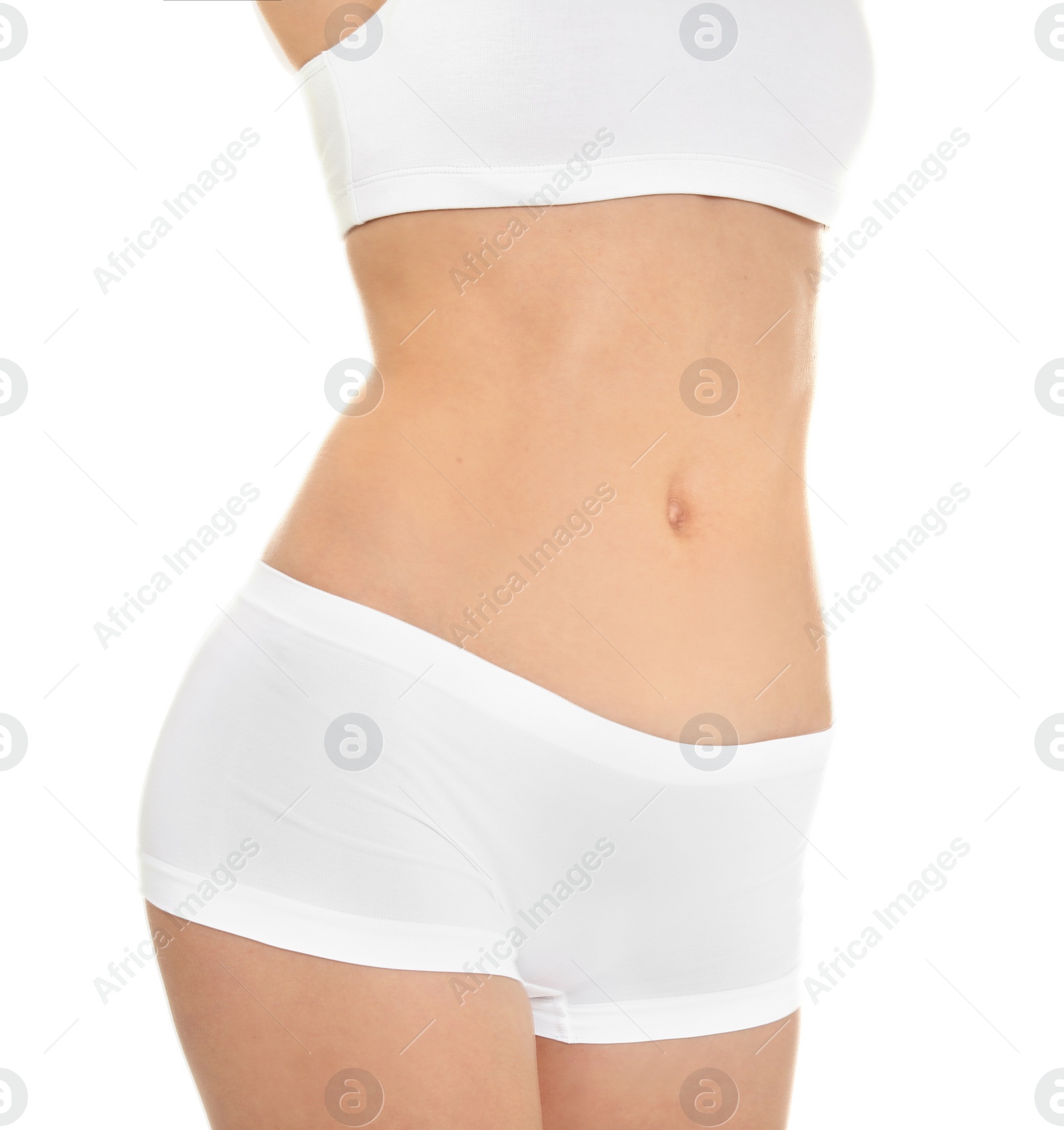 Photo of Young woman showing smooth silky skin after epilation on white background