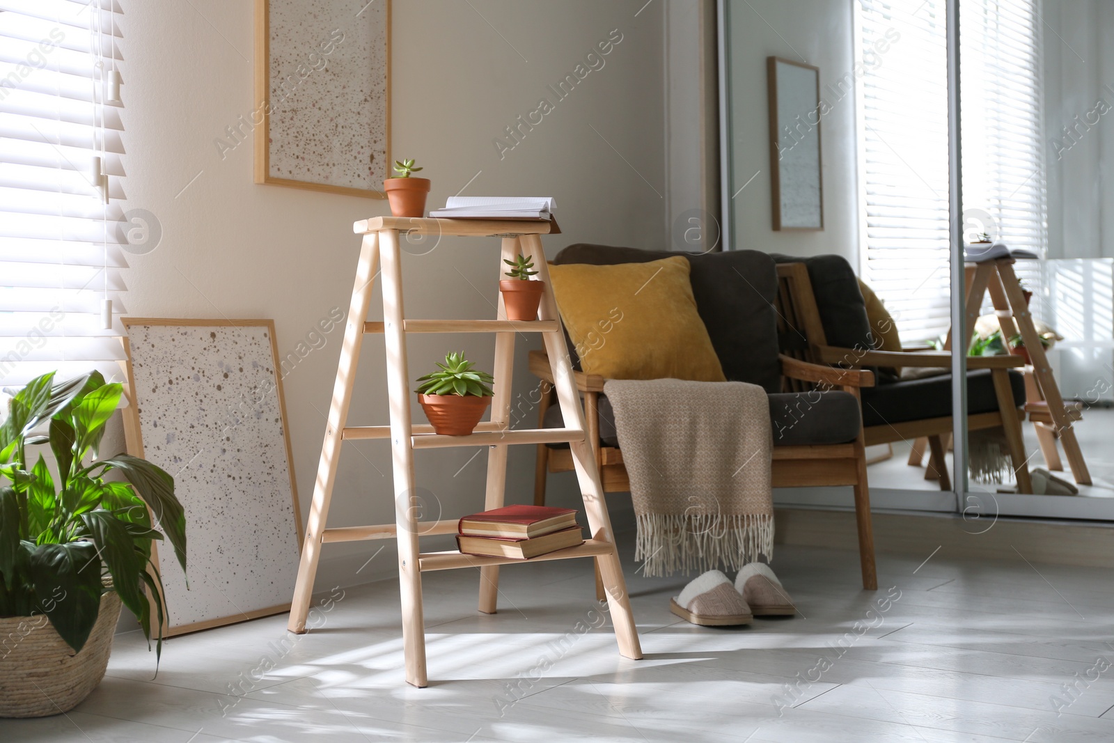 Photo of Decorative ladder with beautiful houseplants in stylish living room. Idea for interior design