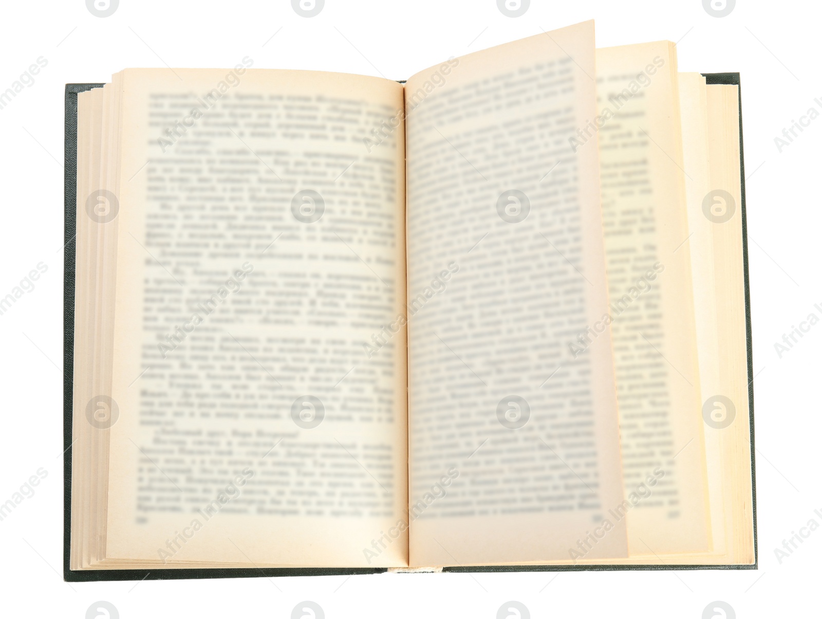 Photo of Open old hardcover book isolated on white, top view