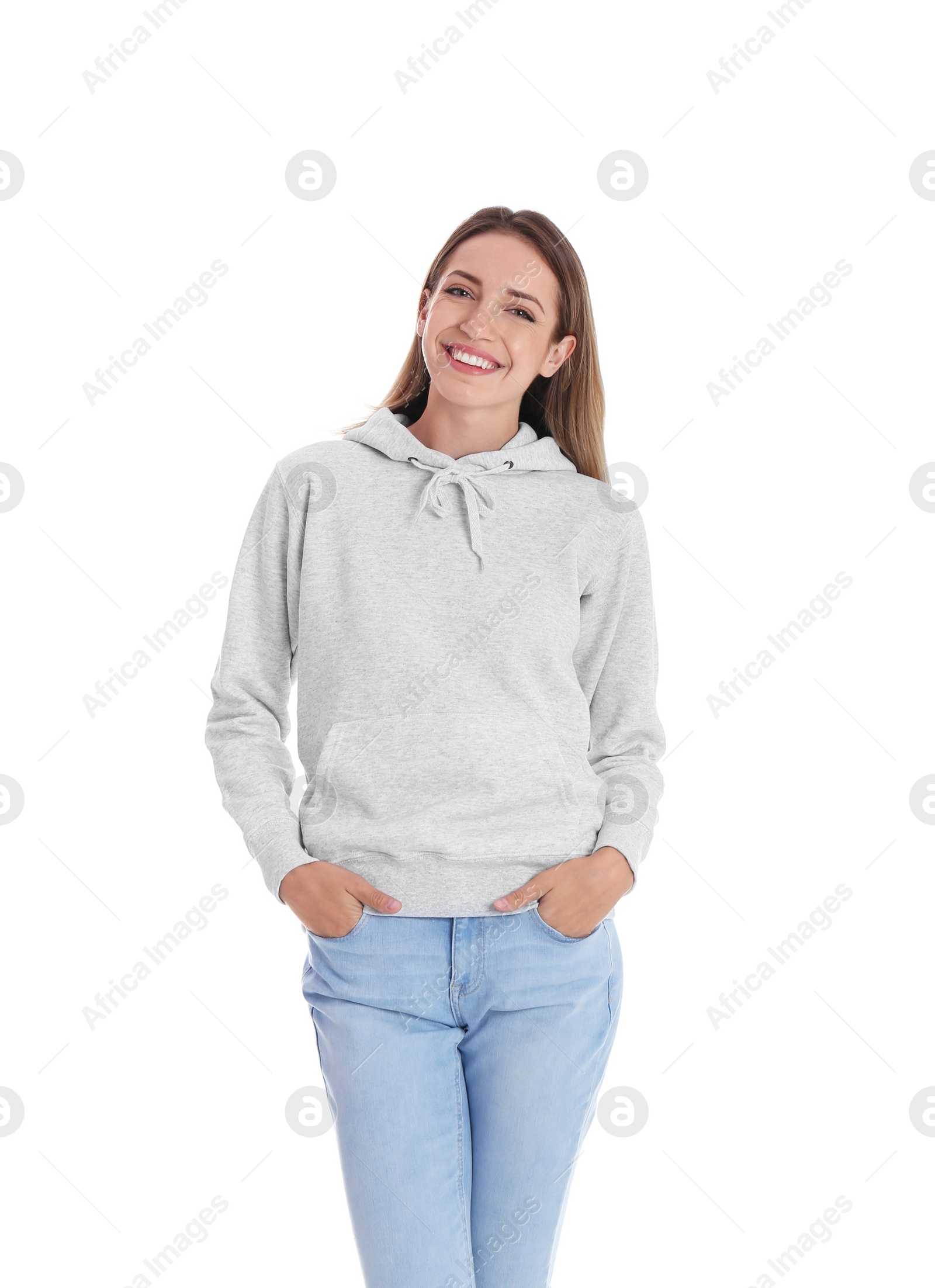 Photo of Portrait of woman in hoodie sweater on white background. Space for design