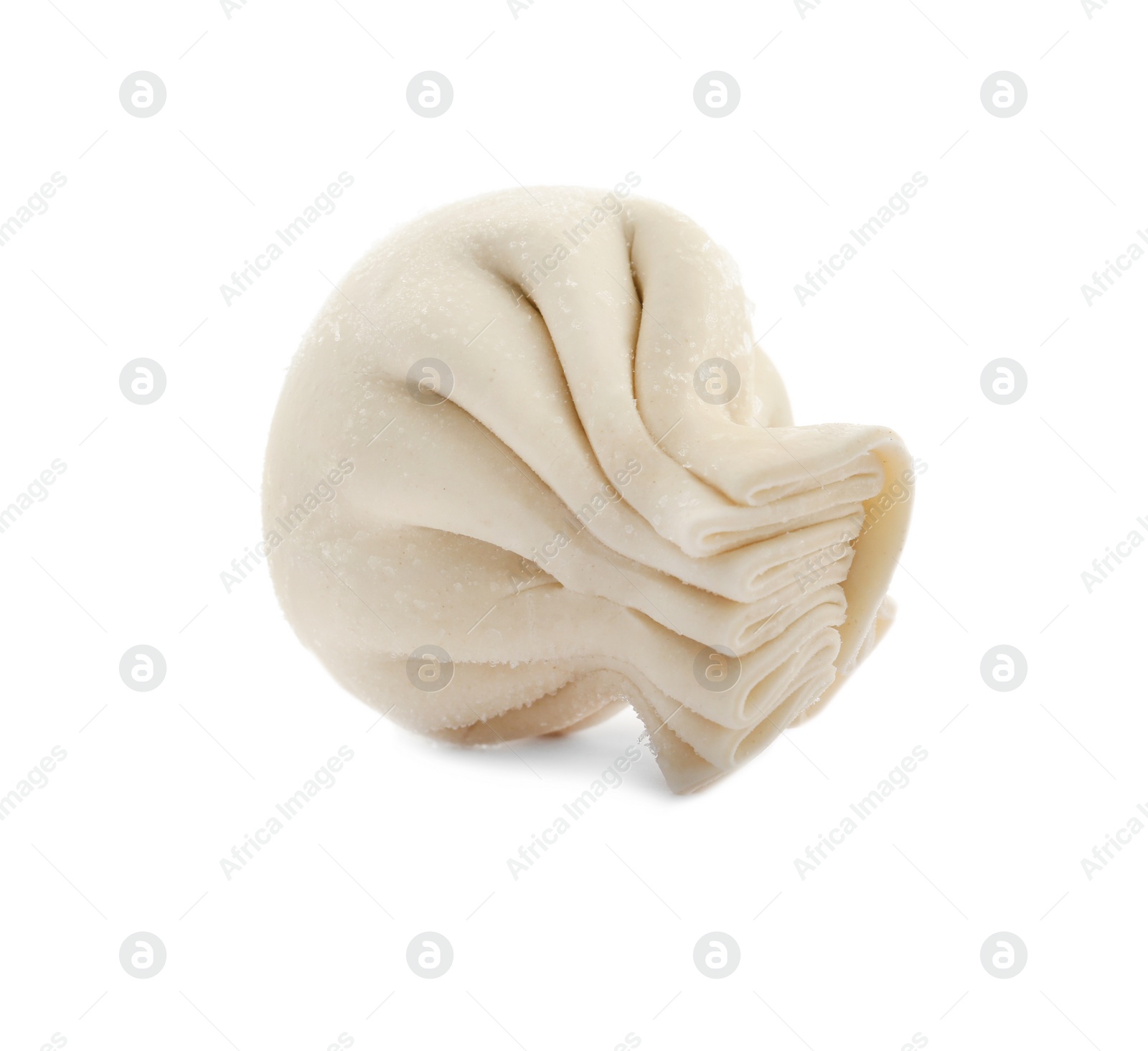 Photo of Raw dumpling with tasty filling on white background