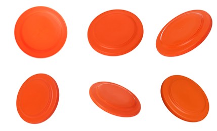 Image of Set of orange frisbee on white background, different views
