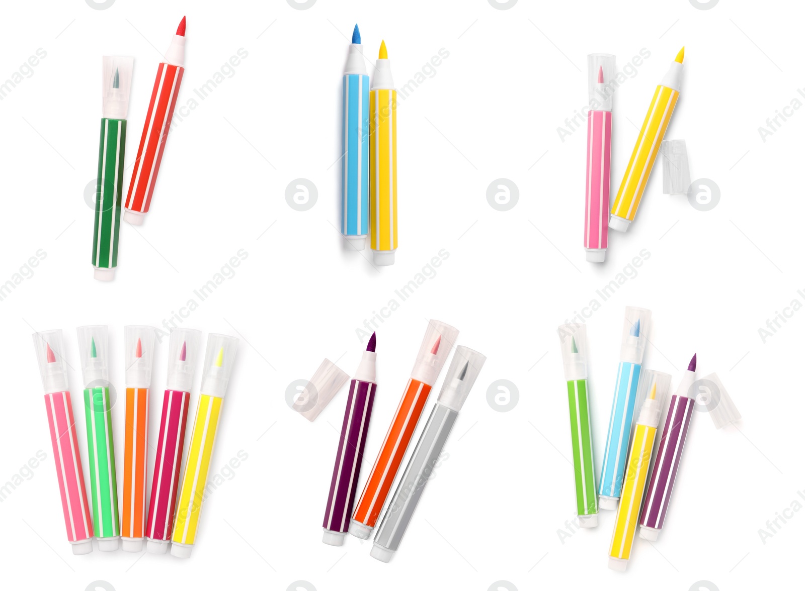 Image of Collage of many colorful felt tip pens on white background, top view