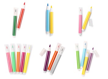 Image of Collage of many colorful felt tip pens on white background, top view