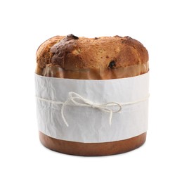 Photo of Delicious Panettone cake wrapped in parchment paper on white background. Traditional Italian pastry