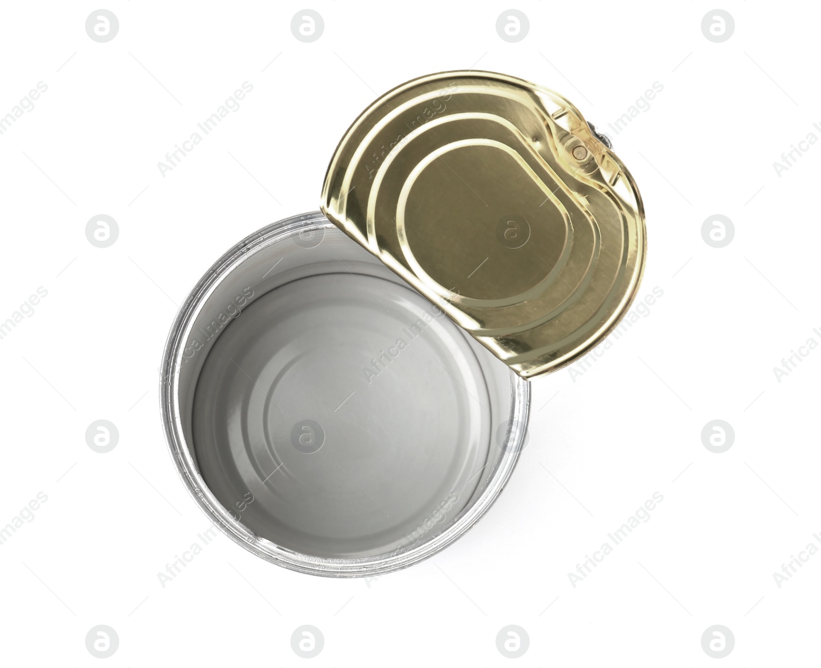 Photo of Empty aluminum can on white background, top view. Metal waste recycling