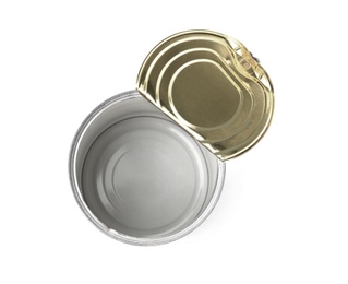 Empty aluminum can on white background, top view. Metal waste recycling