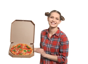 Photo of Attractive young woman with delicious pizza on white background