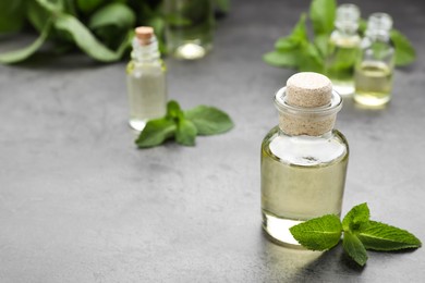 Bottle of essential oil and mint on grey table, closeup. Space for text