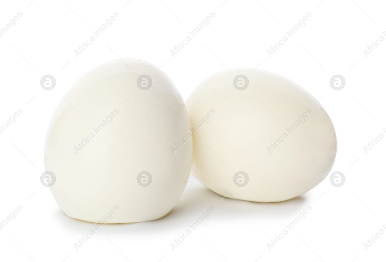 Photo of Whole hard boiled eggs on white background