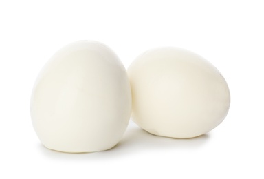 Photo of Whole hard boiled eggs on white background