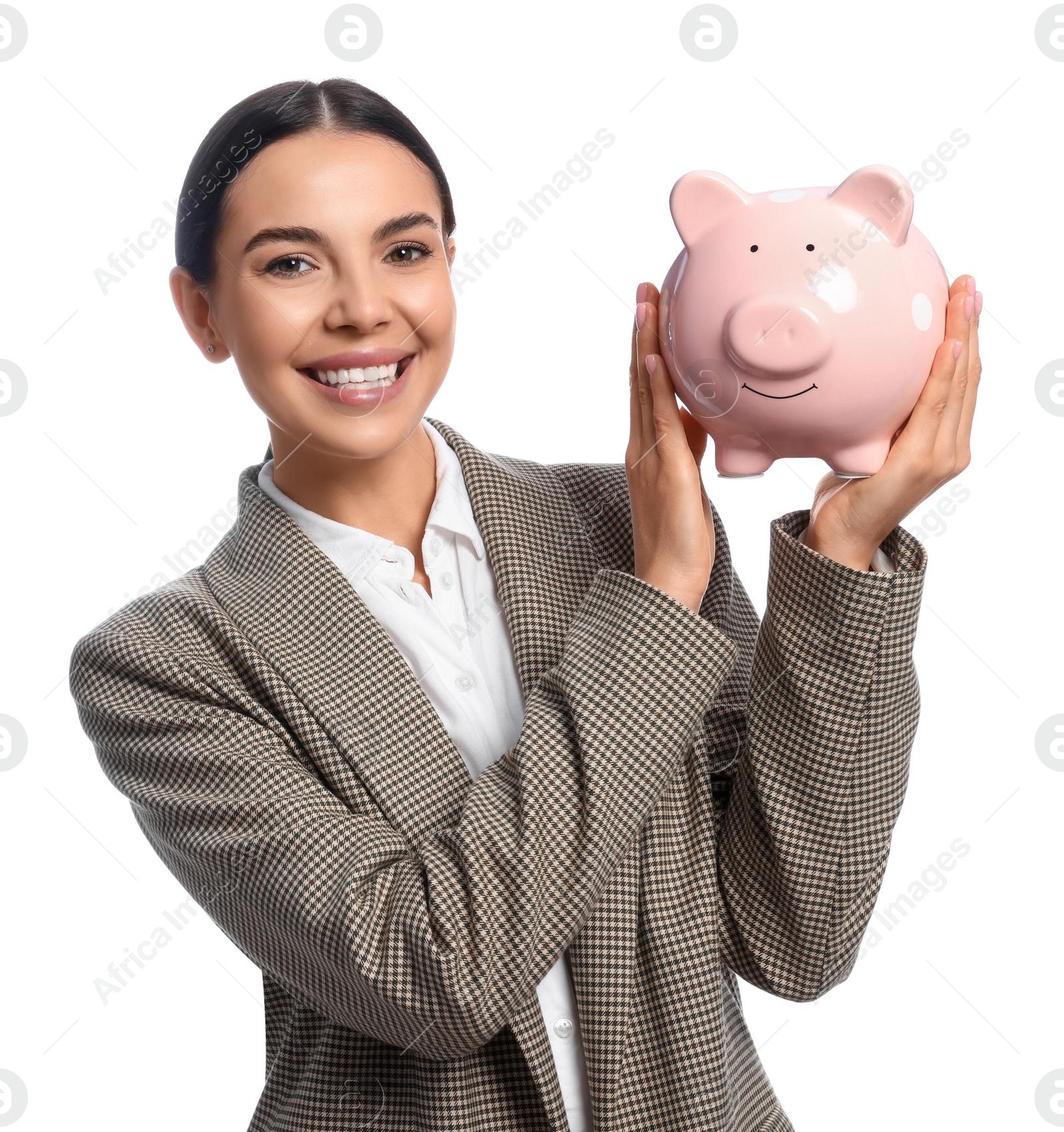 Photo of Happy young businesswoman with piggy bank on white background