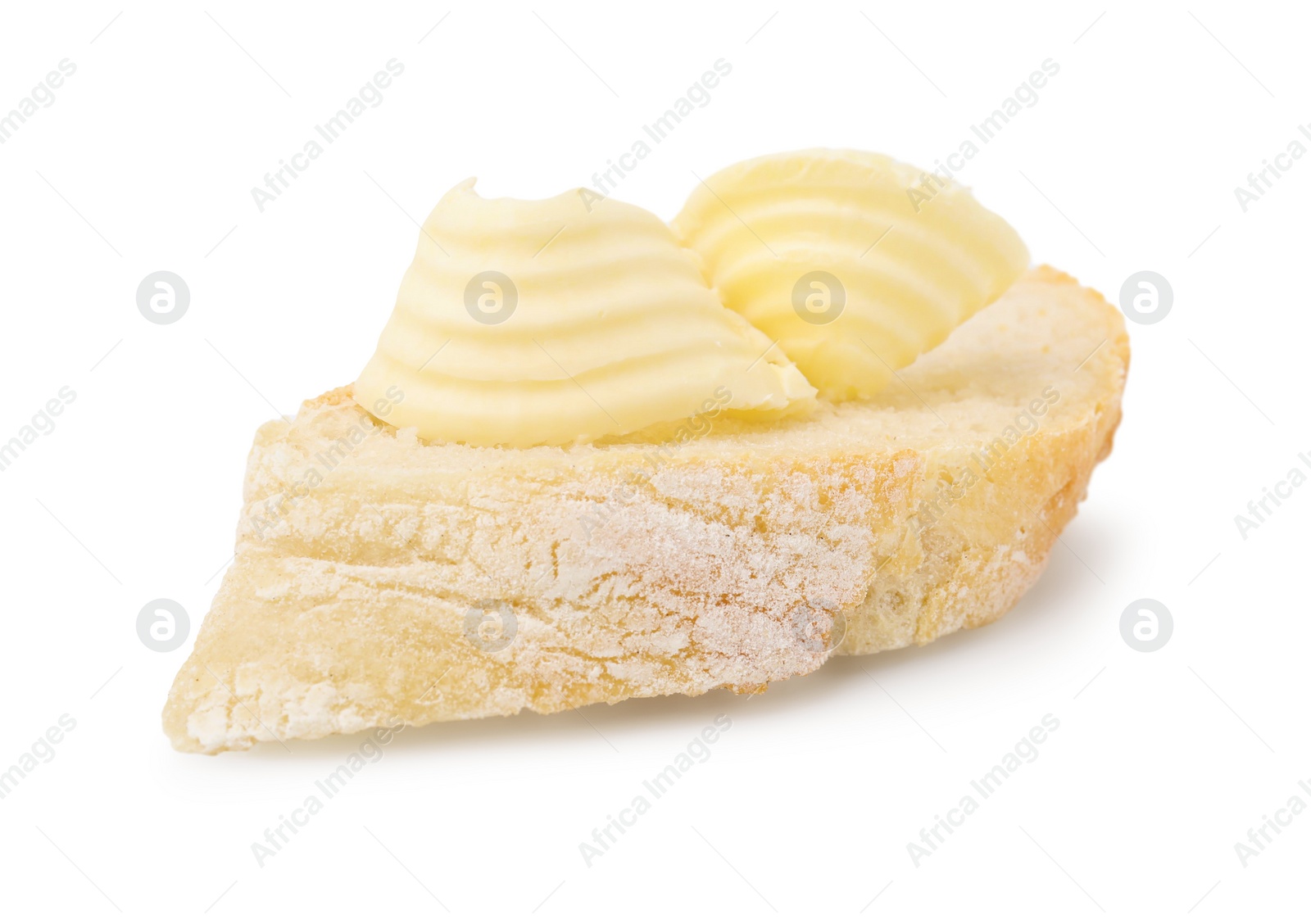 Photo of Tasty butter curl and slice of bread isolated on white