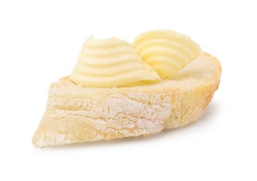 Photo of Tasty butter curl and slice of bread isolated on white