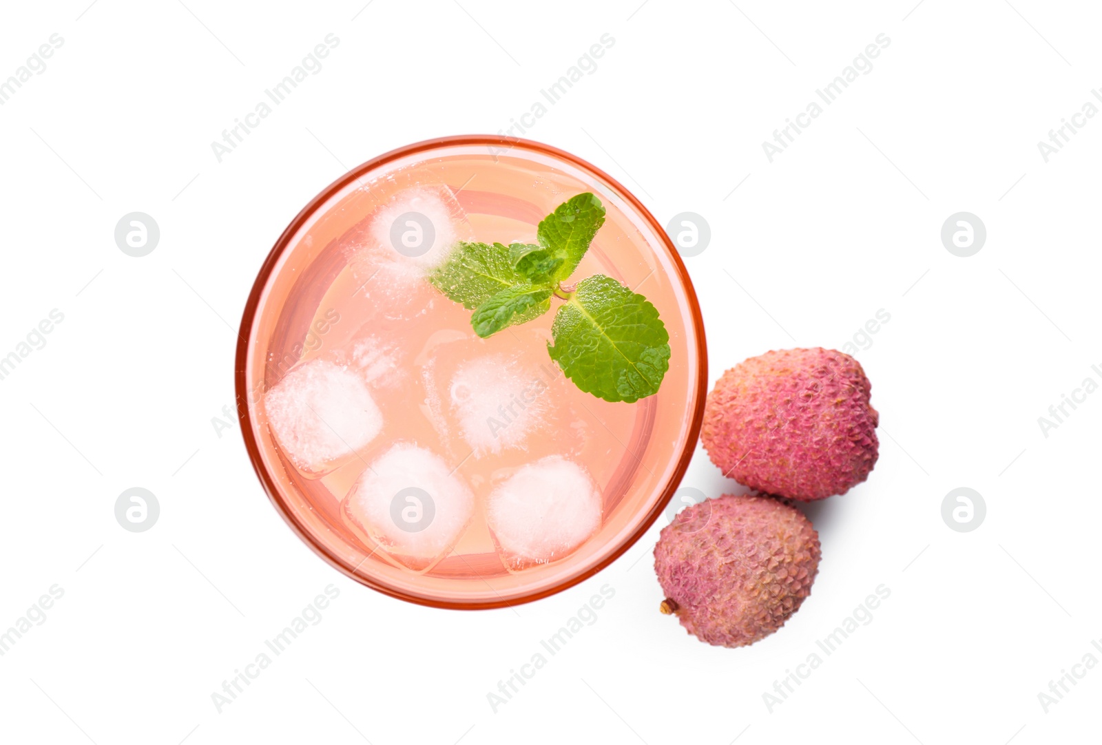 Photo of Lychee cocktail and fresh fruits on white background, top view