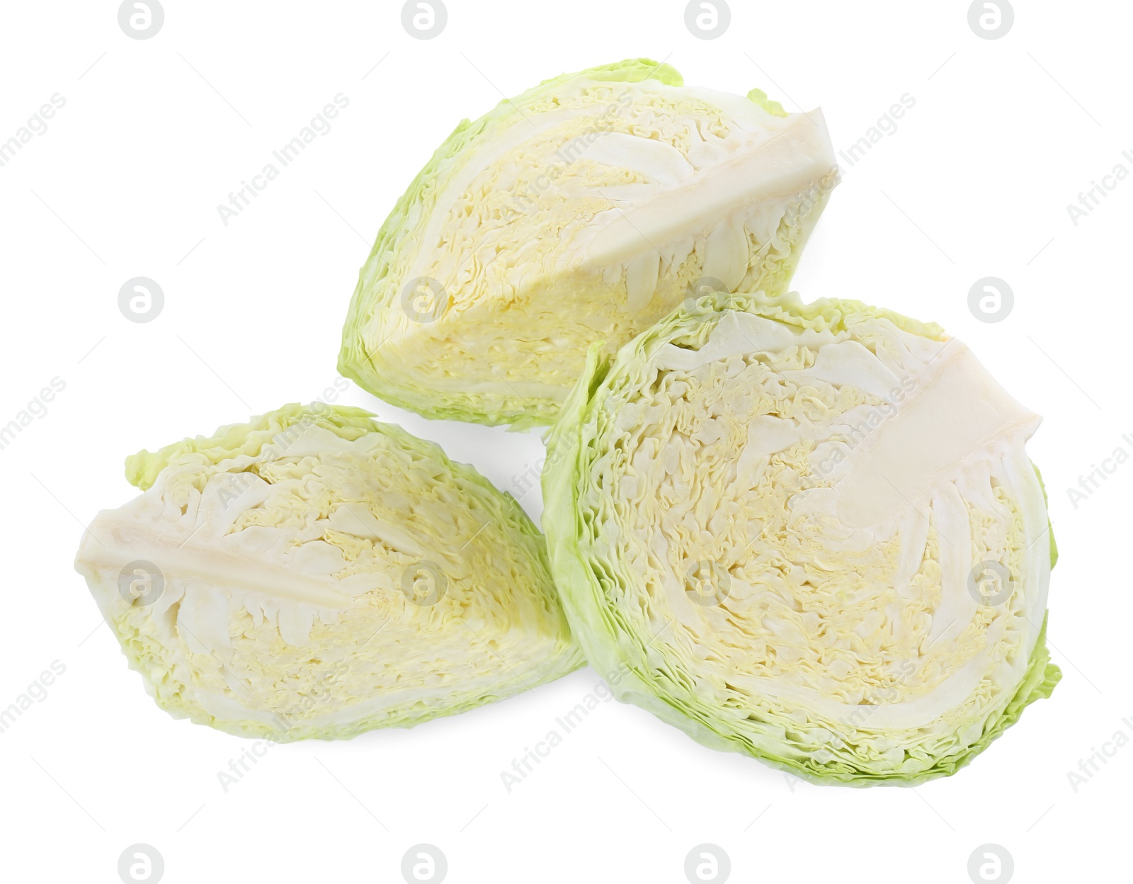 Photo of Pieces of fresh cabbage on white background, top view