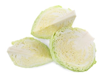 Photo of Pieces of fresh cabbage on white background, top view