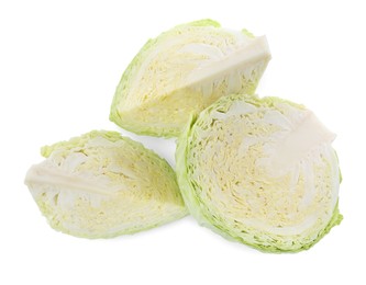 Pieces of fresh cabbage on white background, top view