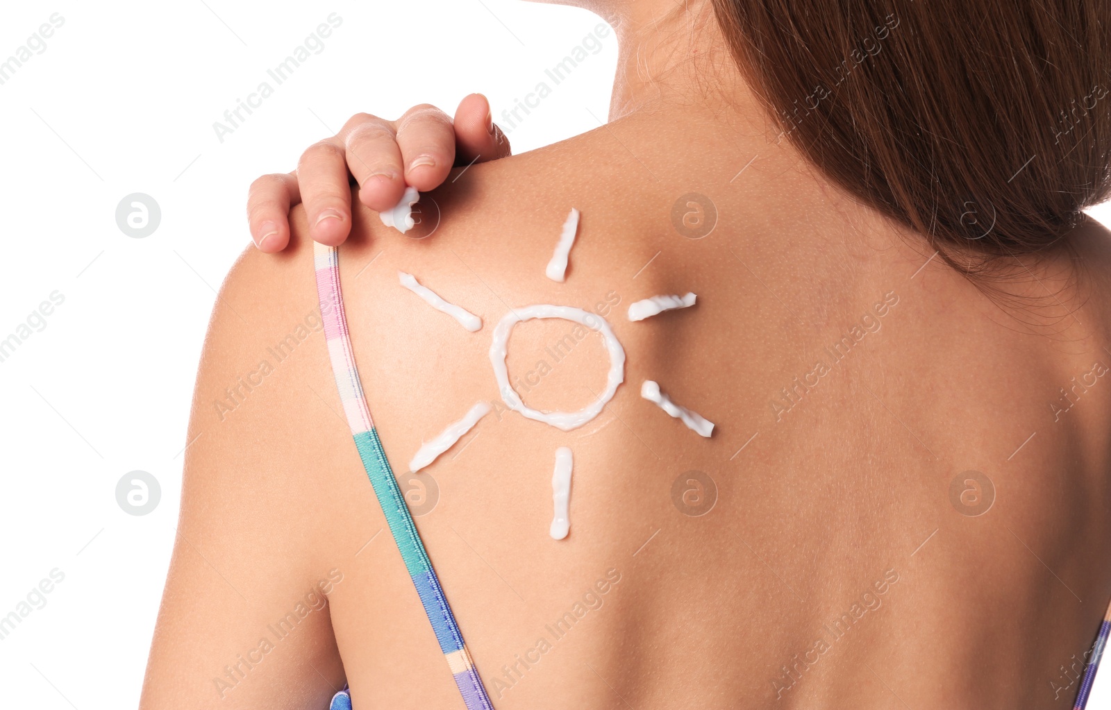 Photo of Woman with sun protection cream on body against white background, closeup