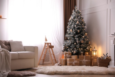 Beautiful room interior with Christmas tree and gifts