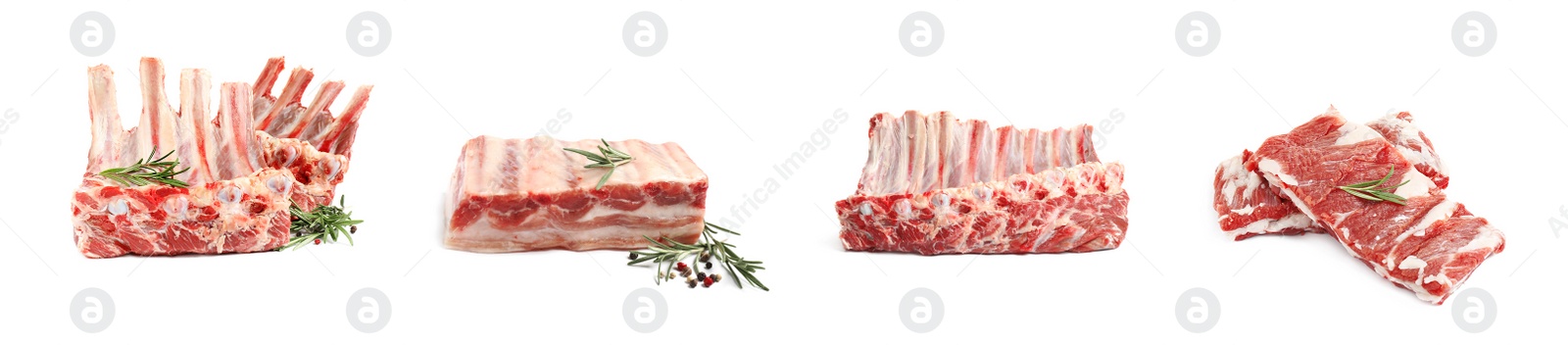 Image of Set of raw ribs on white background. Banner design 