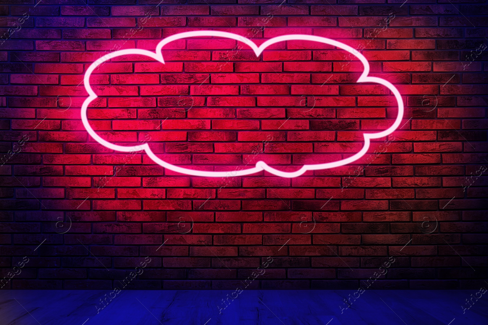 Image of Glowing cloud neon sign on brick wall in room