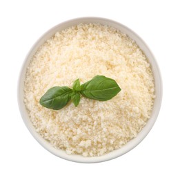 Photo of Bowl with grated parmesan cheese and basil isolated on white, top view