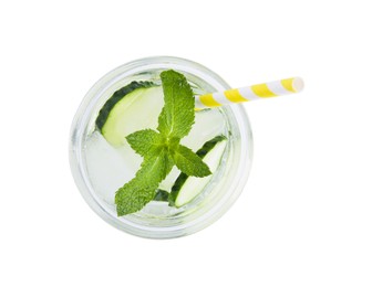 Refreshing cucumber water with mint in glass isolated on white, top view