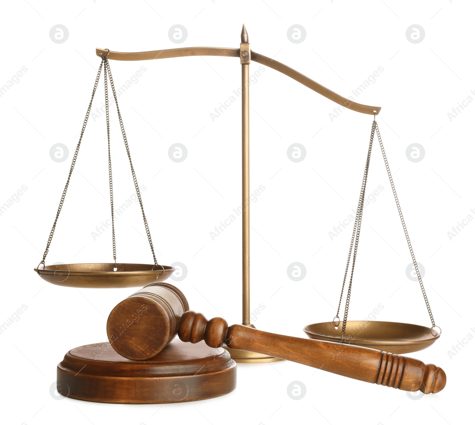 Photo of Wooden gavel and scales of justice on white background