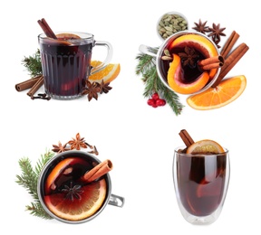 Image of Set of aromatic mulled wine on white background