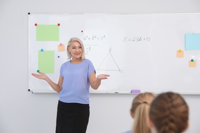 Mature teacher and students in modern classroom