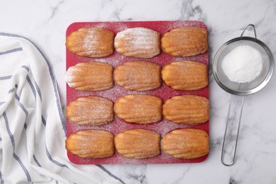 Delicious madeleine cookies in baking mold and sieve with powdered sugar on white marble table, flat lay