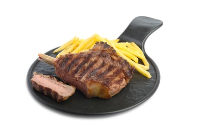 Slate plate with grilled beef steak and French fries on white background