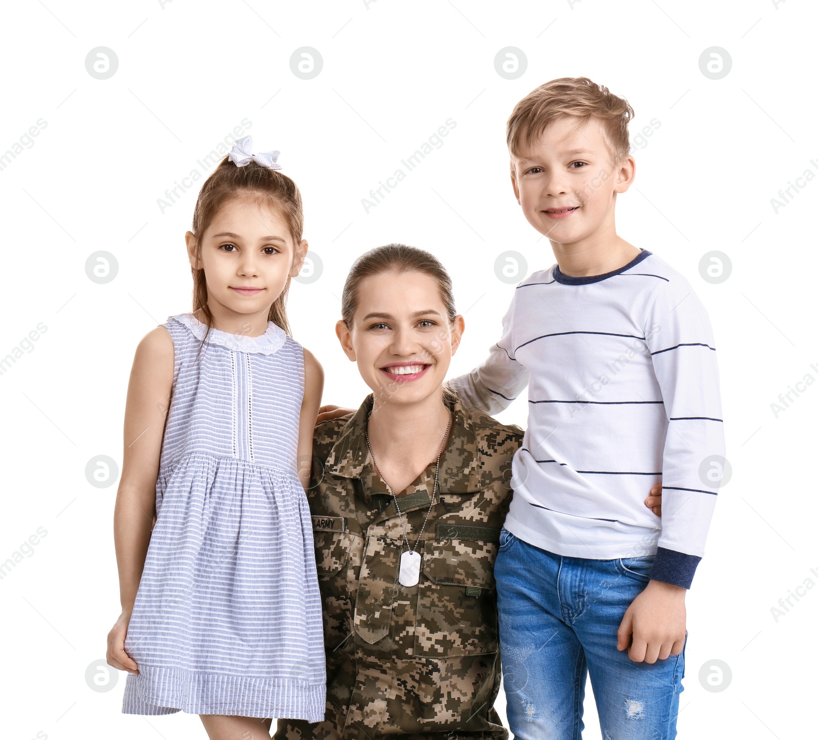 Photo of Female soldier with her children on white background. Military service