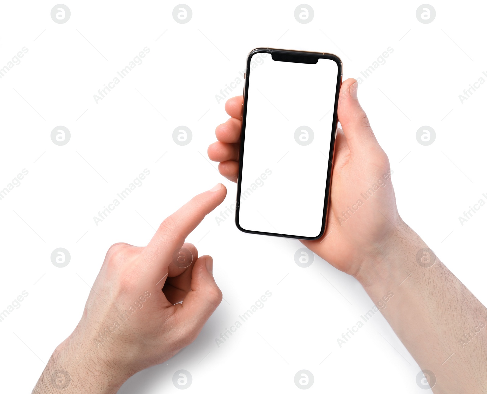 Photo of Man holding smartphone with blank screen on white background. Mockup for design