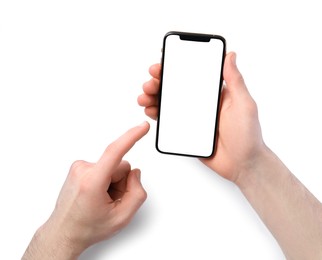 Man holding smartphone with blank screen on white background. Mockup for design
