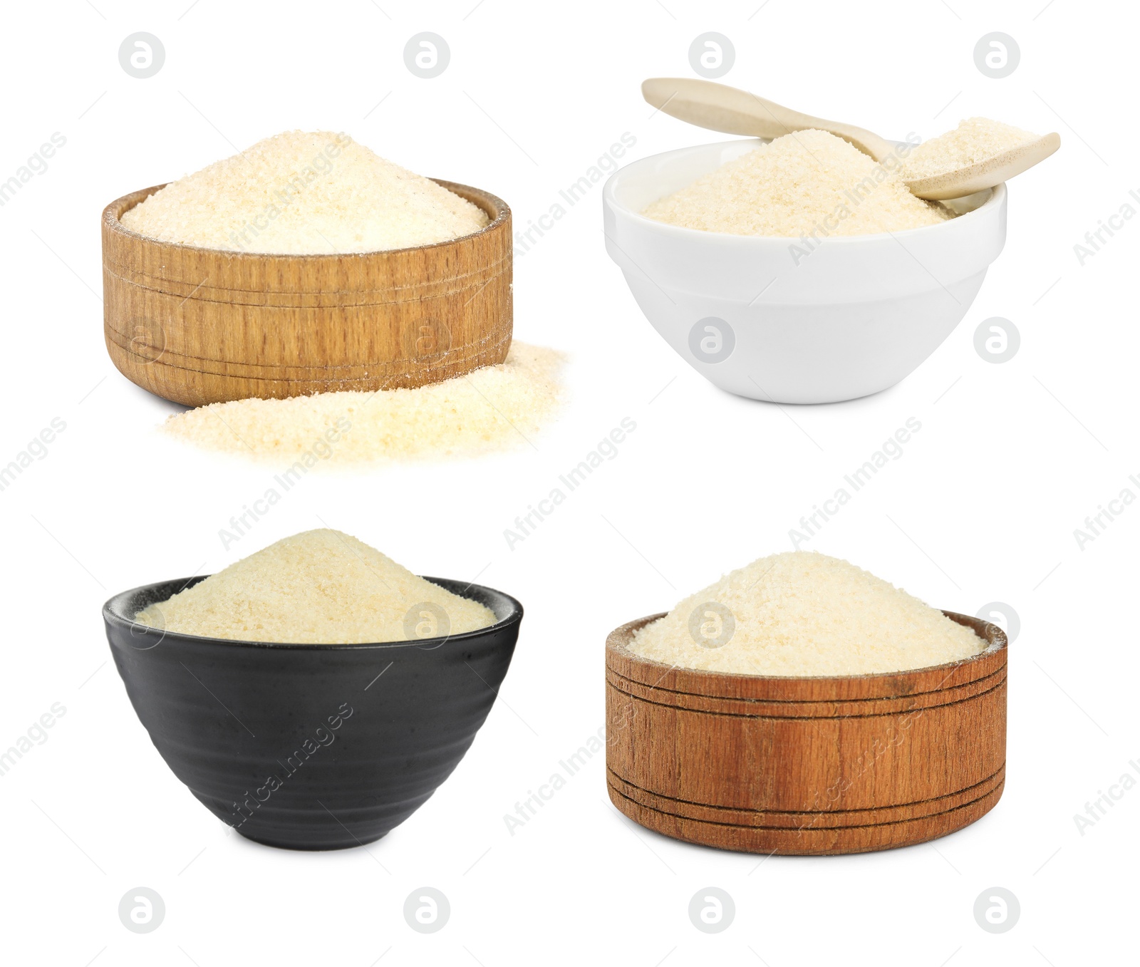 Image of Gelatin powder in bowls on white background, collage 