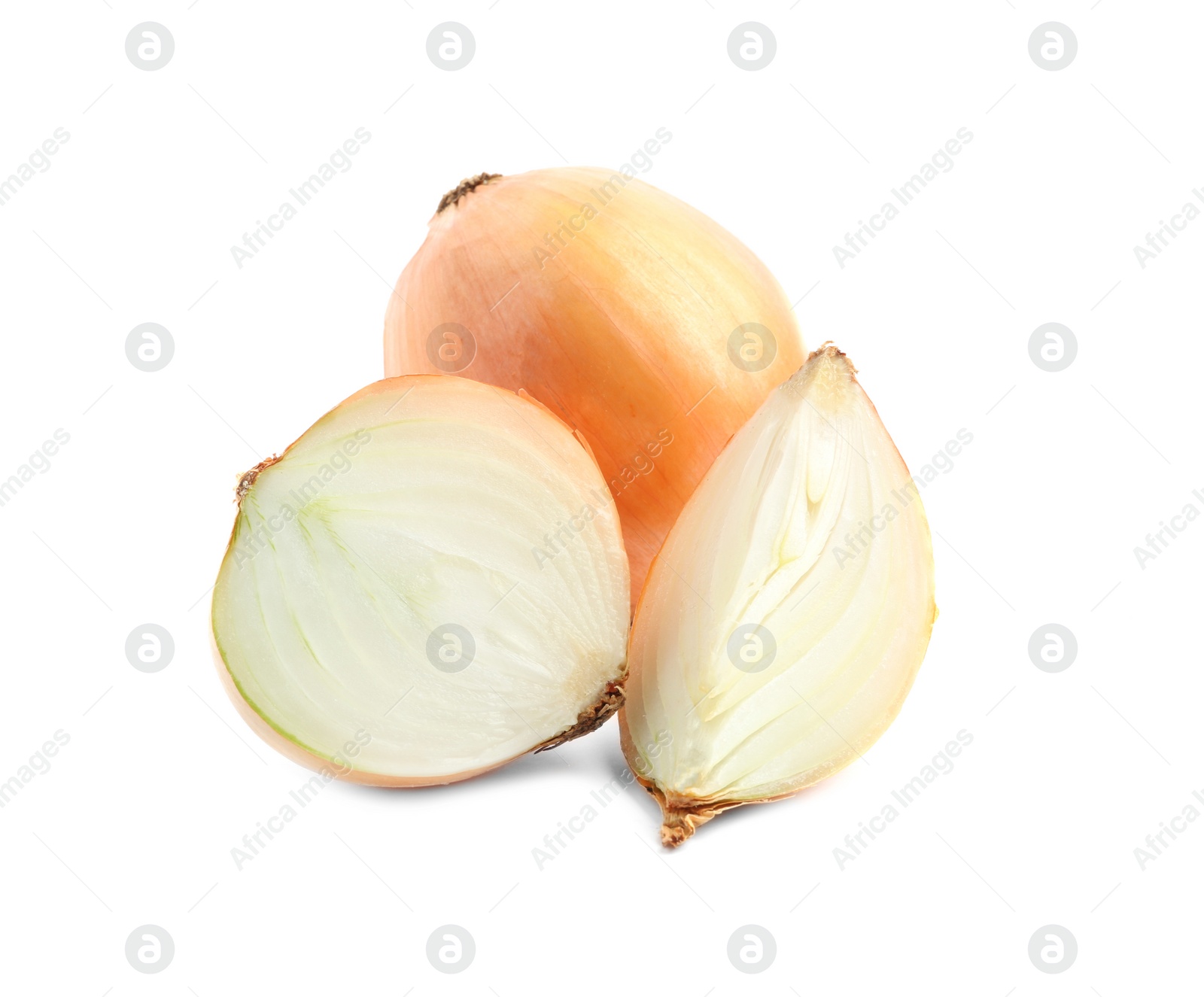 Photo of Fresh onions on white background. Ripe vegetable