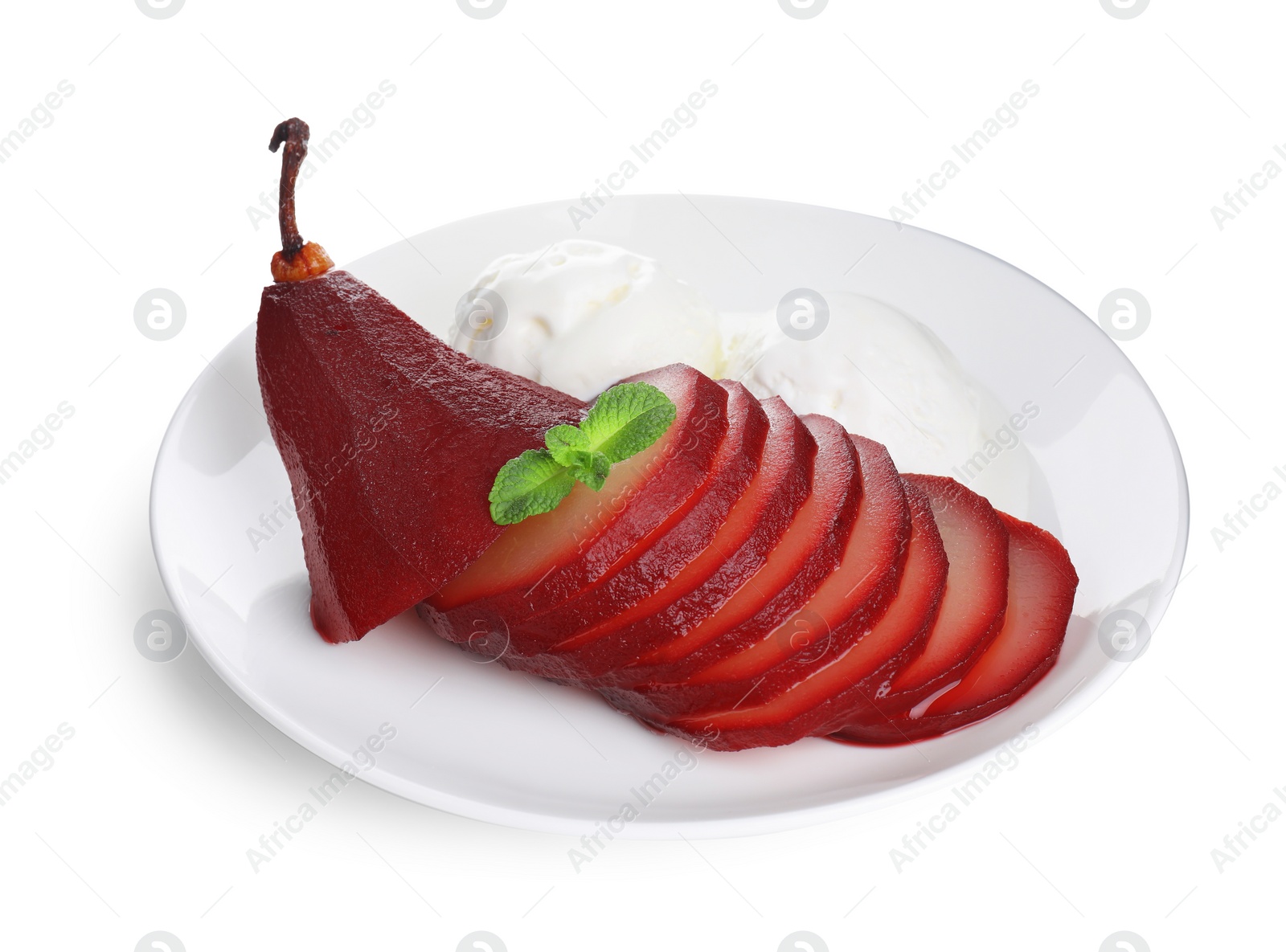 Photo of Tasty red wine poached pear and ice cream isolated on white