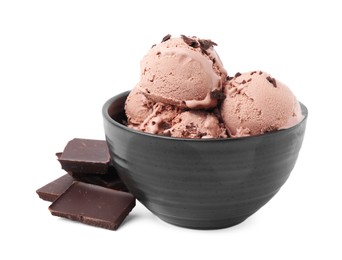 Photo of Bowl with tasty chocolate ice cream isolated on white
