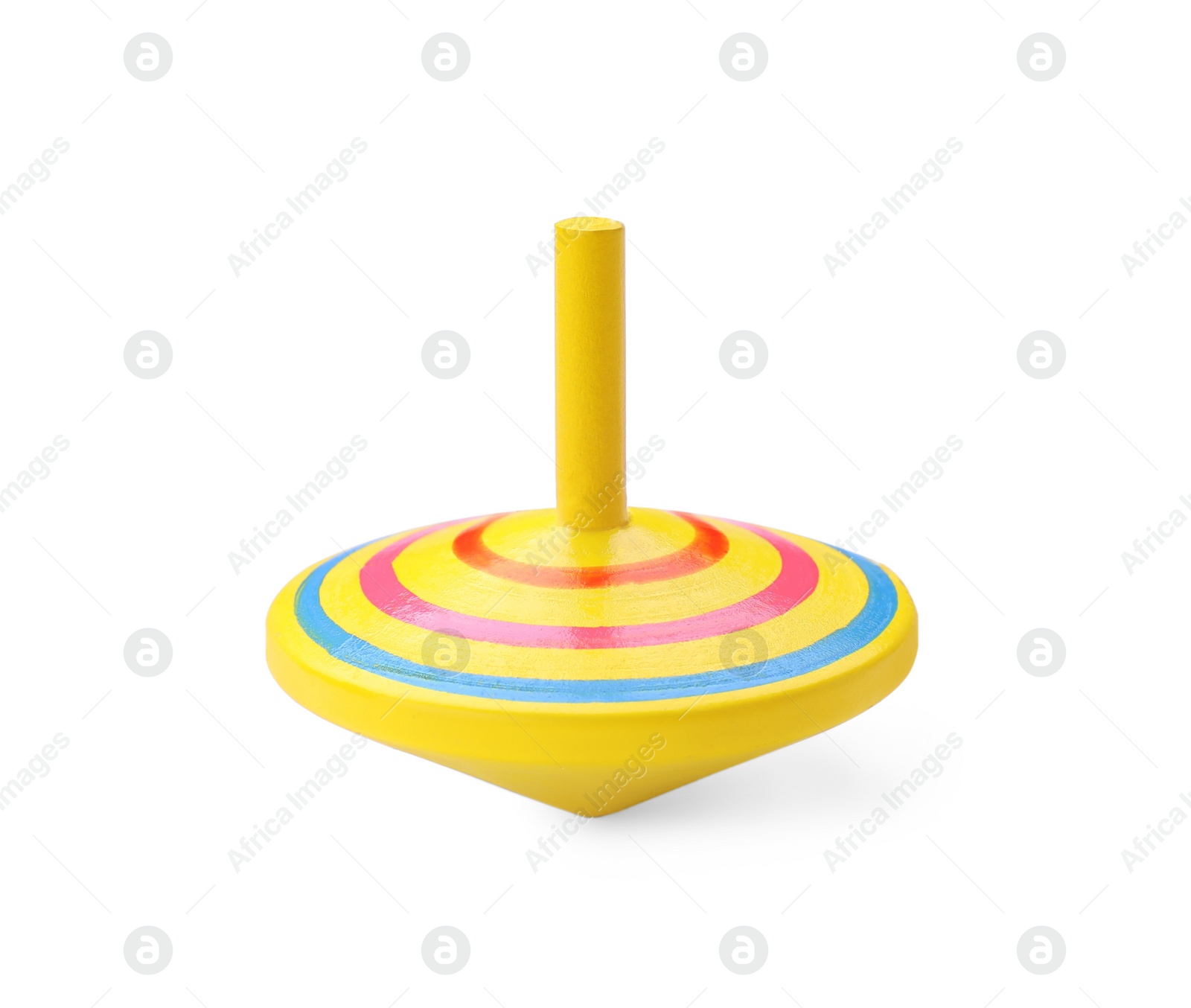 Photo of One bright spinning top isolated on white. Toy whirligig
