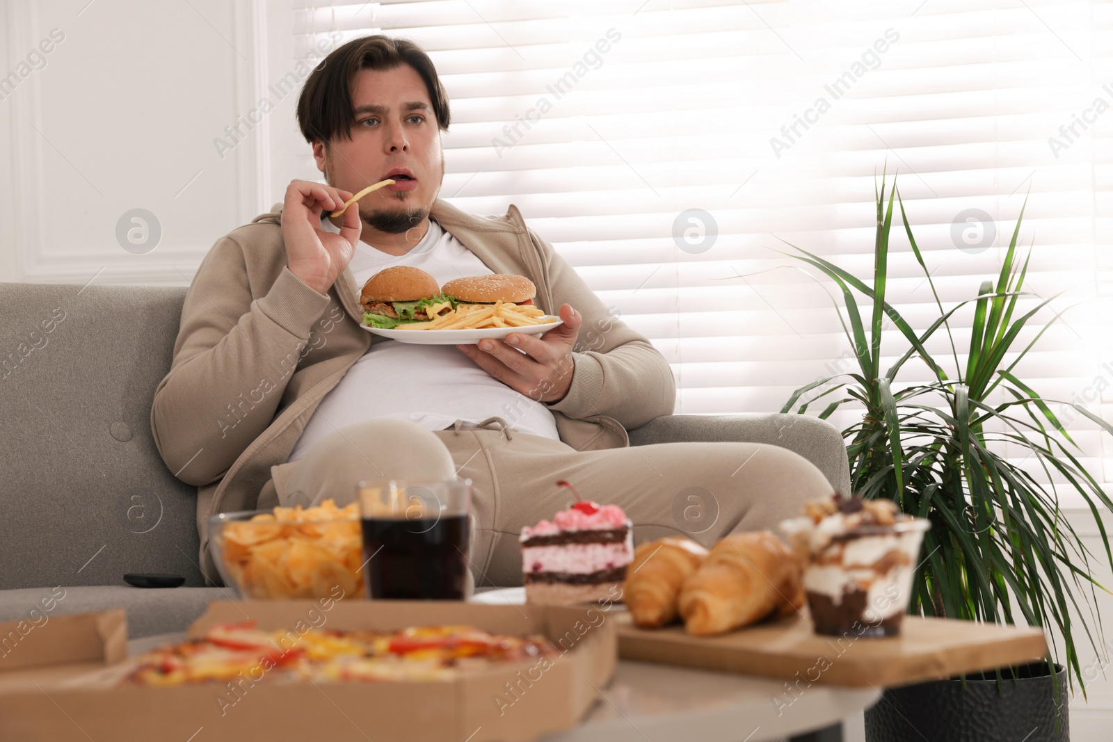 Photo of Overweight man with plate of burgers and French fries on sofa at home