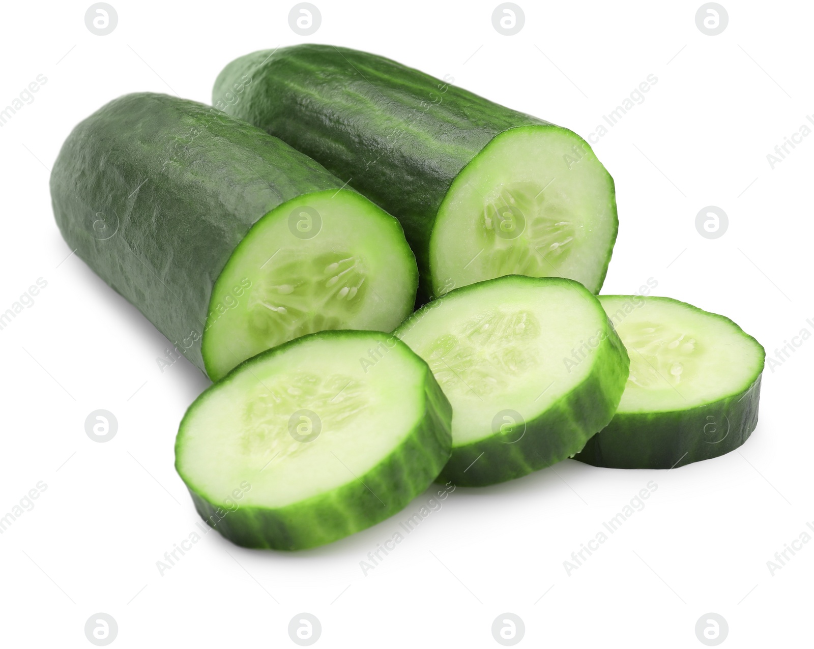 Photo of Halves and slices of long cucumber isolated on white