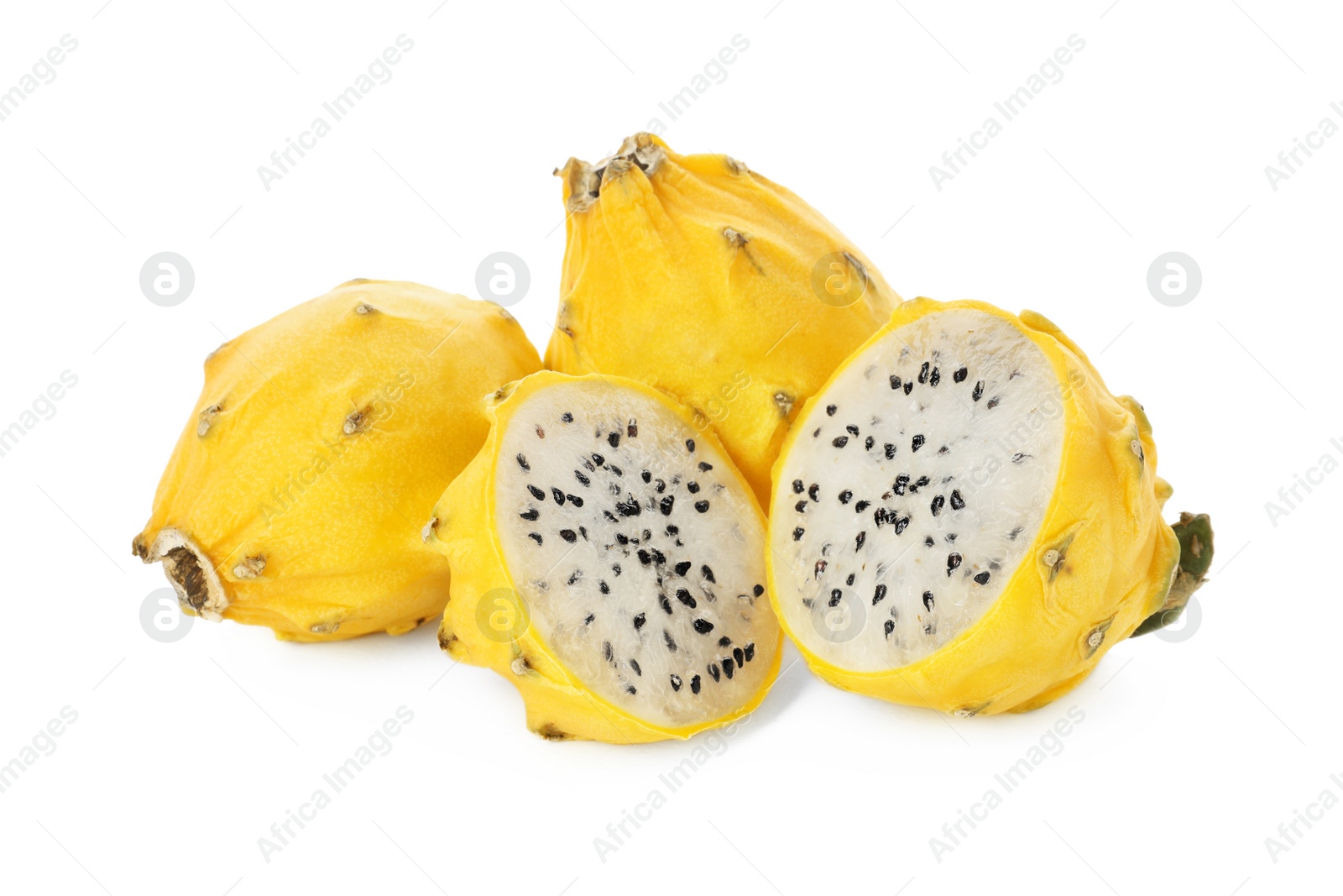 Photo of Delicious cut and whole yellow pitahaya fruits on white background