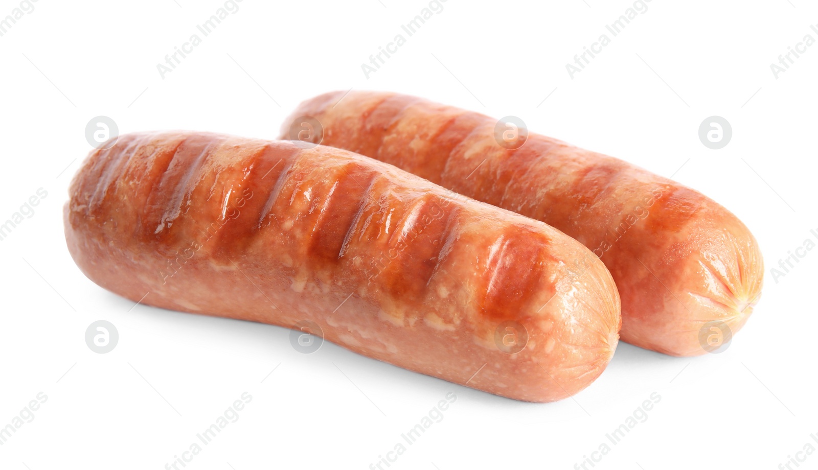 Photo of Tasty fresh grilled sausages isolated on white