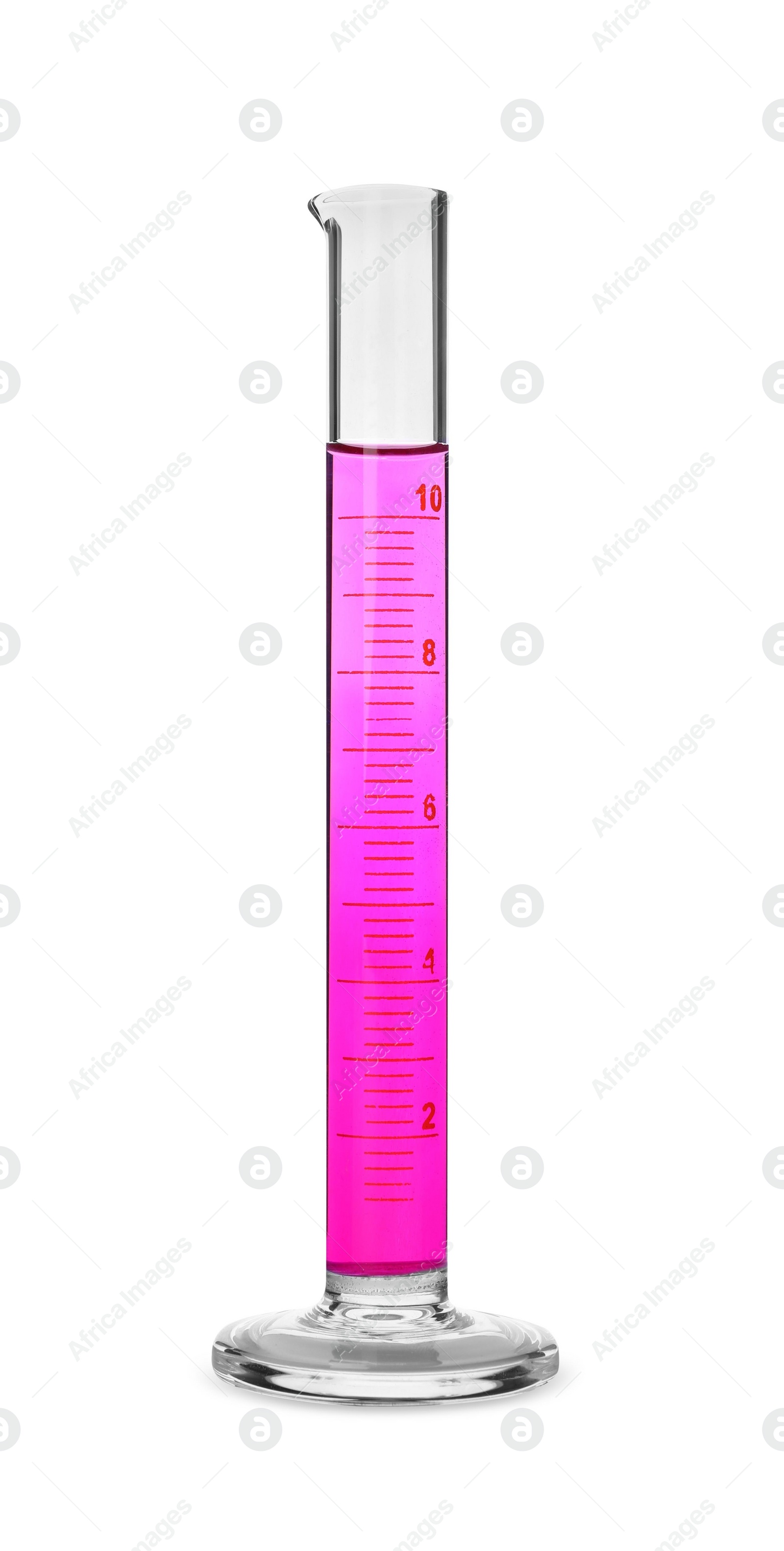 Photo of Graduated cylinder with bright pink liquid isolated on white