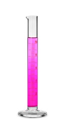 Photo of Graduated cylinder with bright pink liquid isolated on white